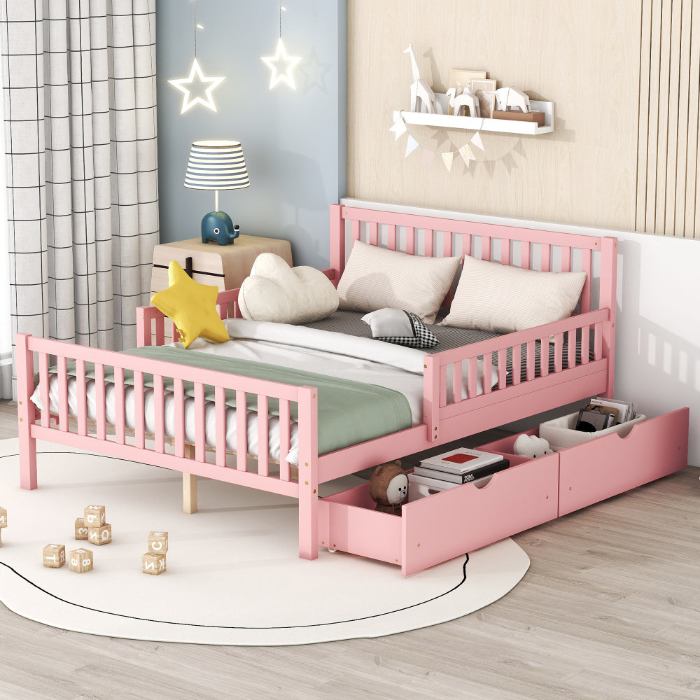 Twin Size Wood Platform Bed with Guardrails on Both Sides and Two Storage Drawers ,White