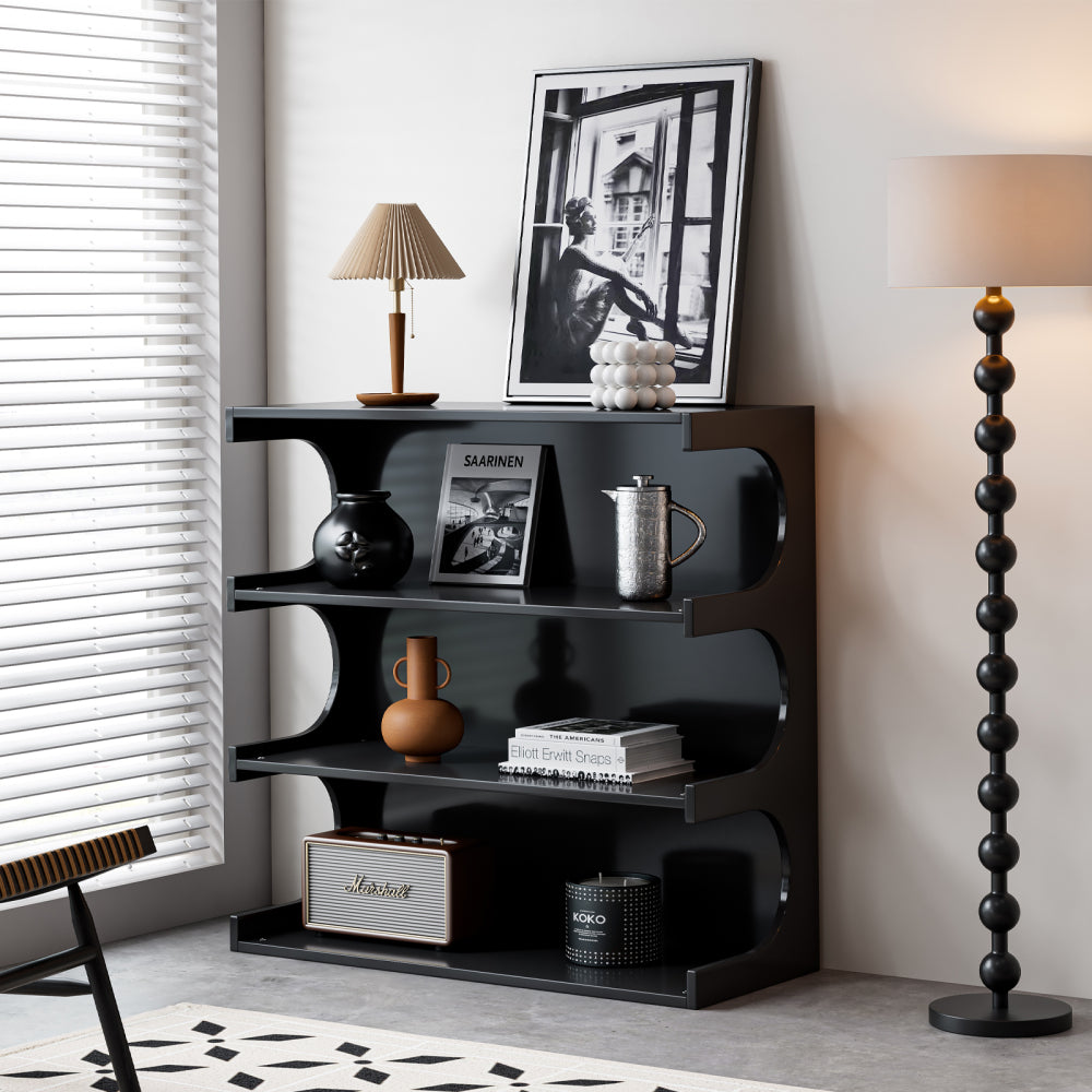 Multifunctional 4-Tier Black Book Shelf & Coffee Table for Living Room Dining Room Study Entryway, Creative Furniture Floor Bookshelf, Minimalist Organizer Storage Shelves