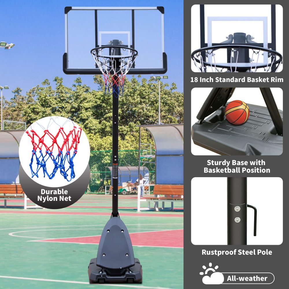 Height Adjustable Basketball Hoop, 7.5 to 10ft Adjustable Basketball Stand with 44 Inch Backboard, Portable Basketball Goal System with Stable Base and Wheels, Use for Outdoor