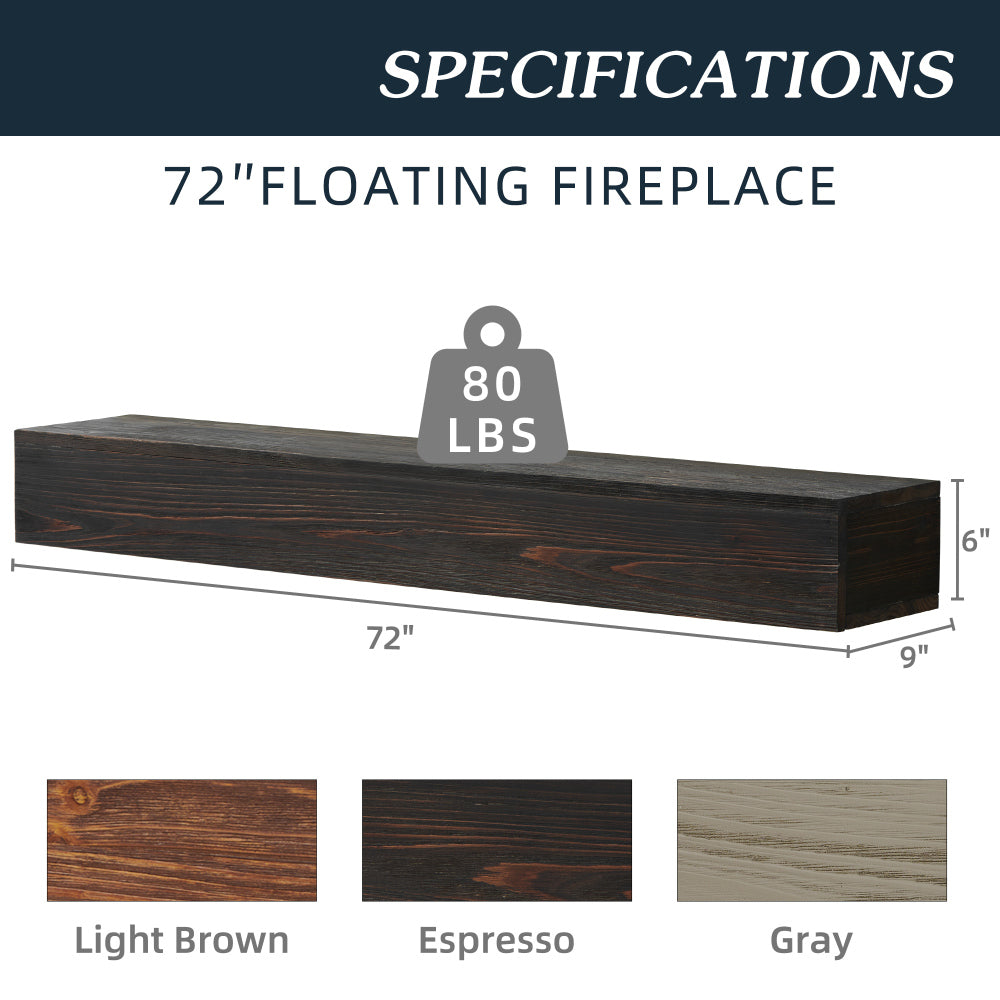 72" Rustic Wood Fireplace Mantel,Wall-Mounted & Floating Shelf for Home Decor