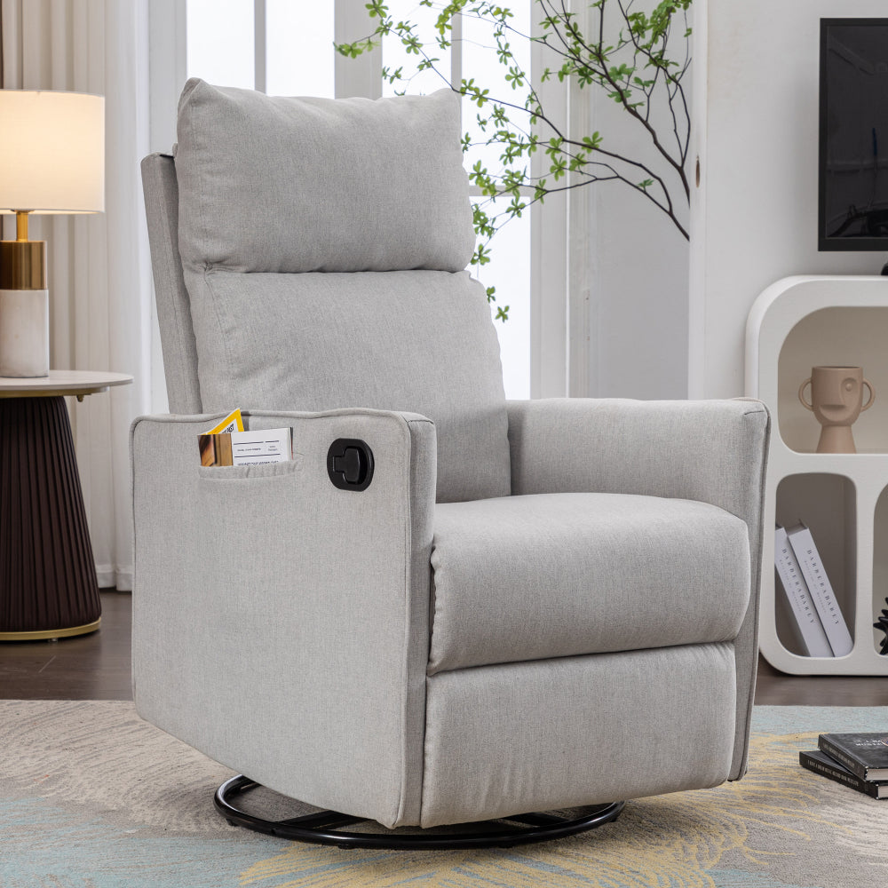 038-Cotton Linen Fabric Swivel Rocking Chair Glider Rocker Recliner Nursery Chair With Adjustable Back And Footrest For Living Room Indoor,Dark Gray