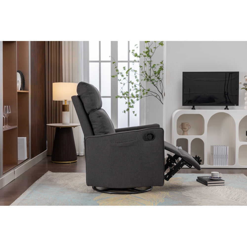 038-Cotton Linen Fabric Swivel Rocking Chair Glider Rocker Recliner Nursery Chair With Adjustable Back And Footrest For Living Room Indoor,Dark Gray