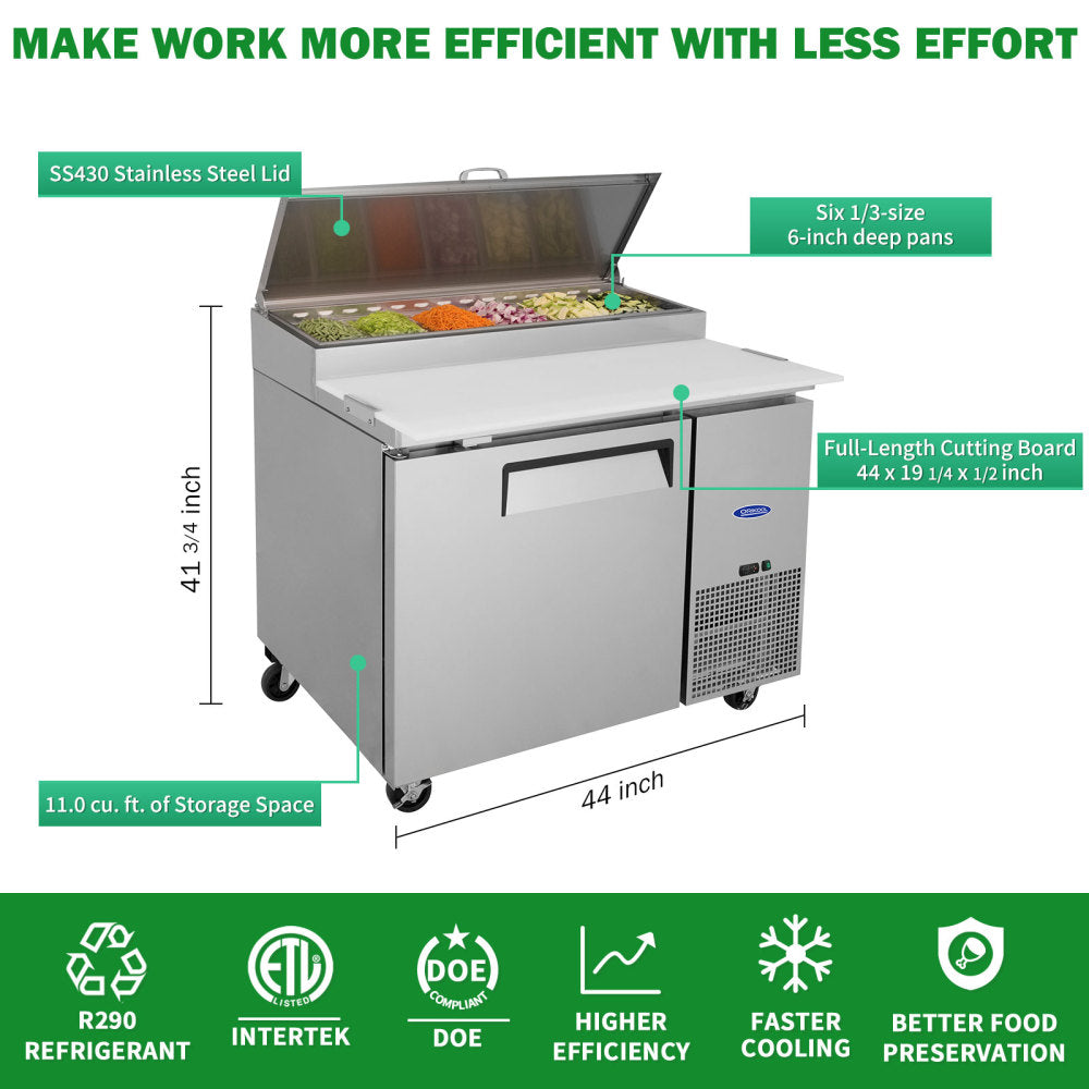 Orikool 44 IN Commercial Pizza Prep Table with a Built-in Refrigerator 11 Cu.Ft, Butcher Block Cutting Board, Protection Lid, Cold Storage, and Smooth-Rolling Casters, ETL Certified