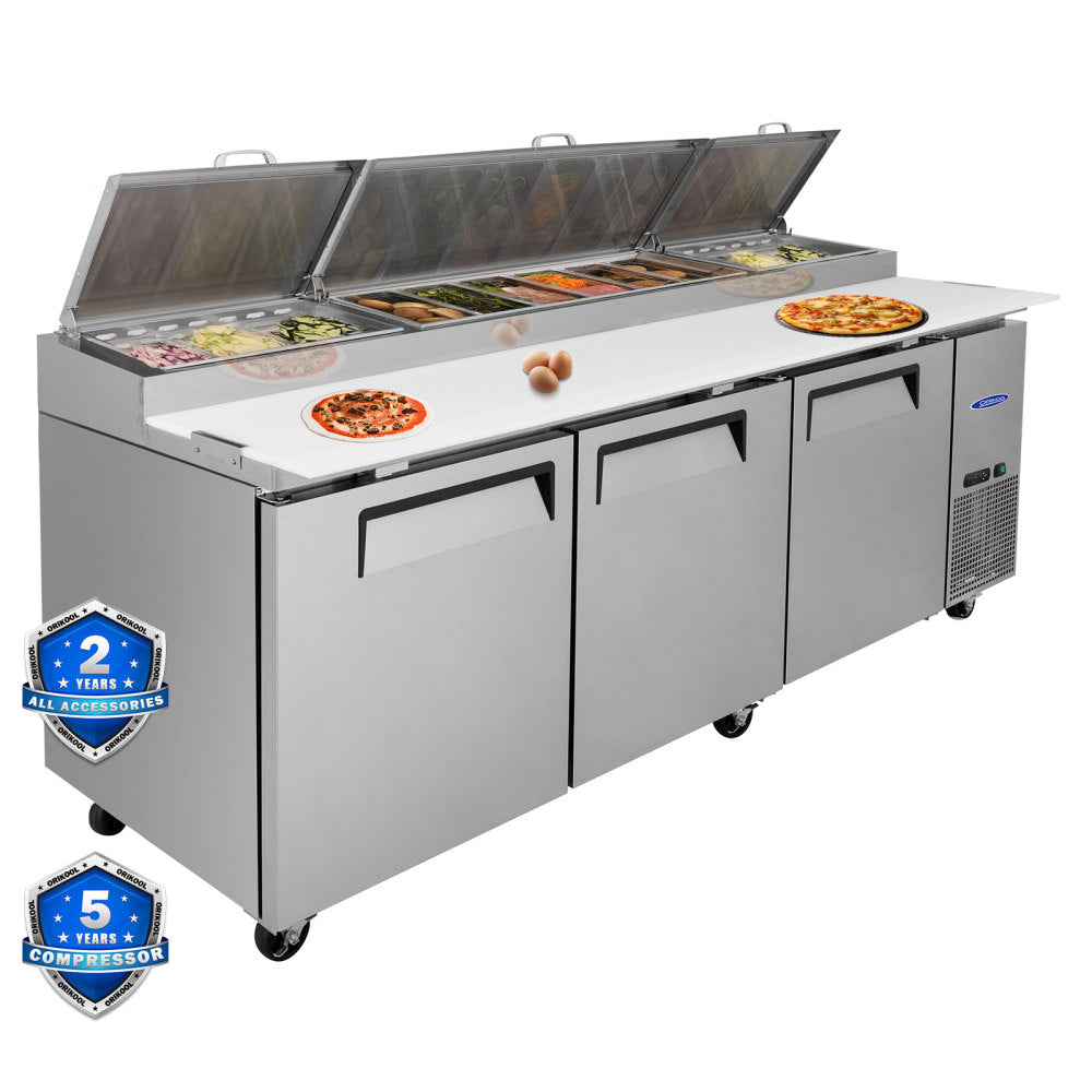 Orikool 44 IN Commercial Pizza Prep Table with a Built-in Refrigerator 11 Cu.Ft, Butcher Block Cutting Board, Protection Lid, Cold Storage, and Smooth-Rolling Casters, ETL Certified