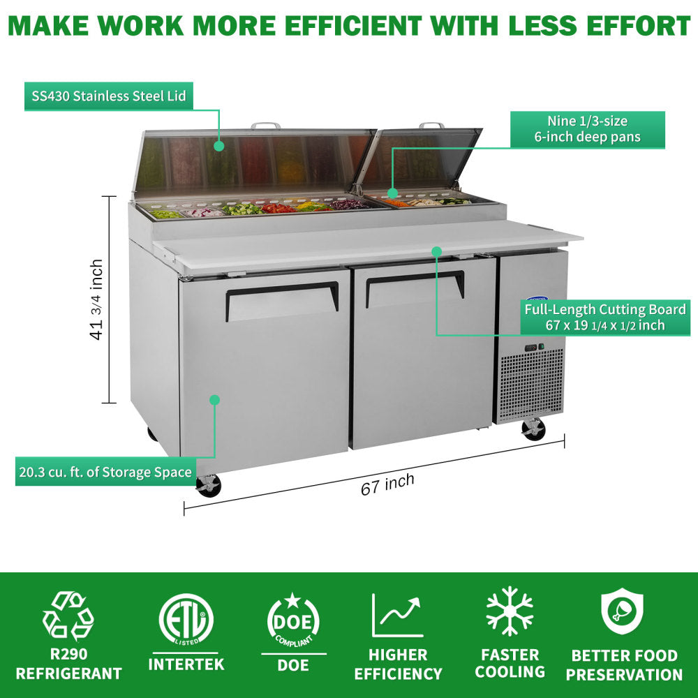 Orikool 67 IN Commercial Pizza Prep Table with a Built-in Refrigerator 20.3 Cu.Ft, Butcher Block Cutting Board, Protection Lid, Cold Storage, and Smooth-Rolling Casters, ETL Certified