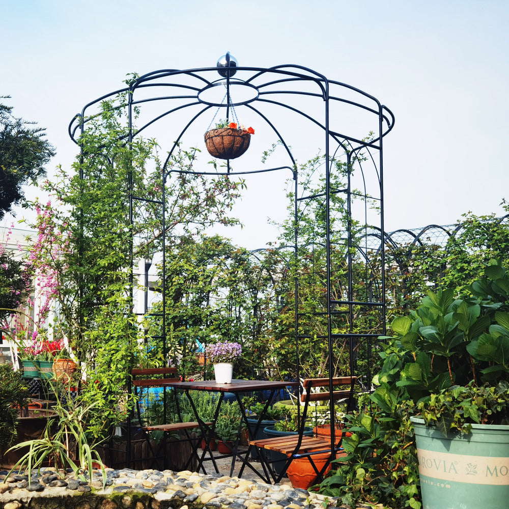 Metal Garden Arch Iron Garden Arbors Gazebo Dia 81.3'' x 114.2'' High Birdcage Shape Pergola Pavilion for Wedding Ceremony Cream White