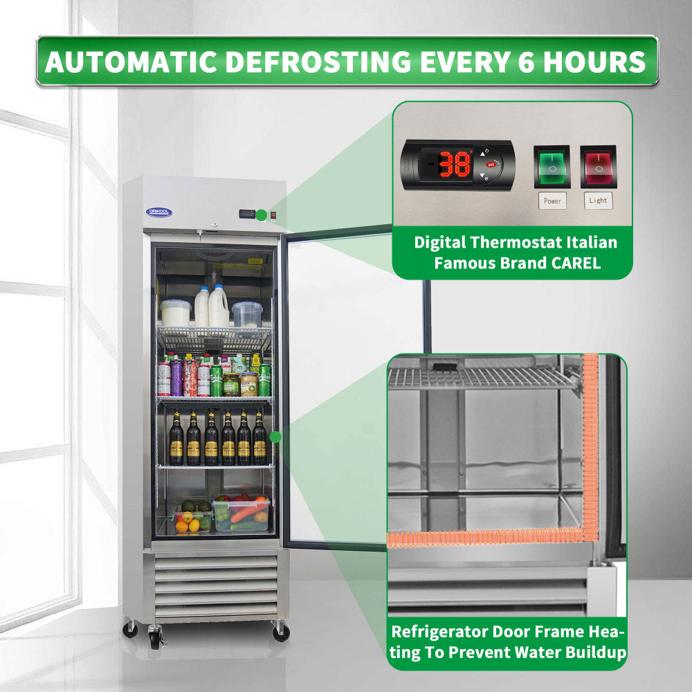 ORIKOOL 27" Commercial Display Refrigerator Swing Glass Door 23 Cu.ft Stainless Steel Reach-in Merchandiser Refrigerators with LED Lighting