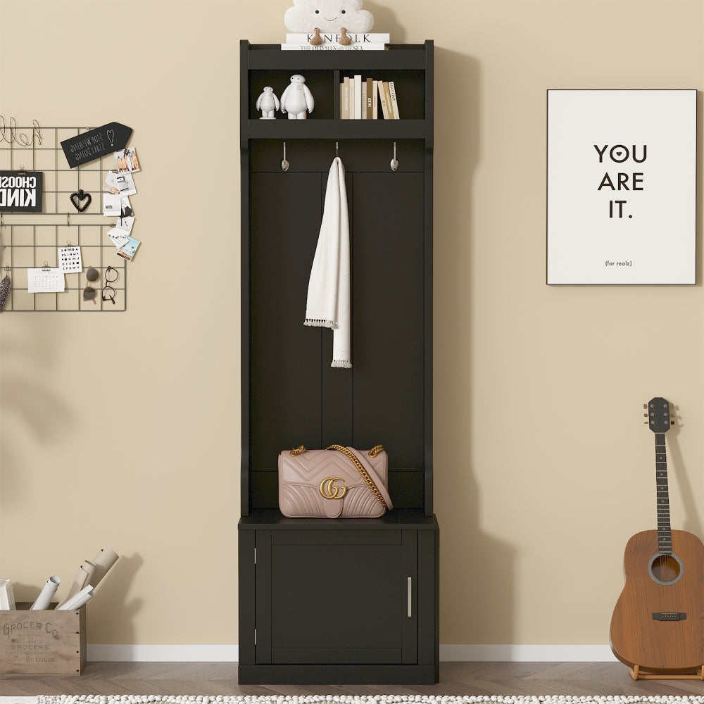 ON-TREND Minimalist Slim Hall Tree with Cabinet & 6 Hanging Hooks, Multi-functional Storage Bench with Coat Rack, Elegant Foyer Cabinet for Hallway, Living room, Black (OLD SKU: WF313577AAB)