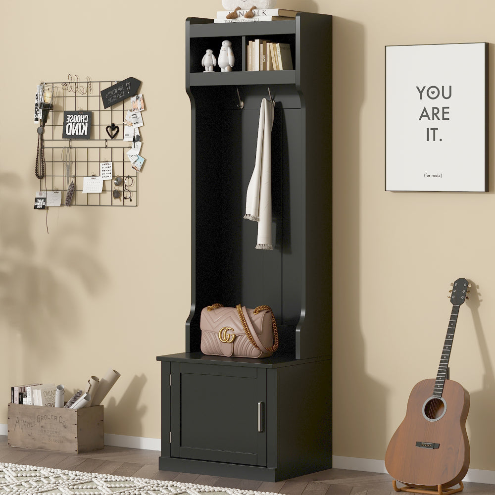ON-TREND Minimalist Slim Hall Tree with Cabinet & 6 Hanging Hooks, Multi-functional Storage Bench with Coat Rack, Elegant Foyer Cabinet for Hallway, Living room, Black (OLD SKU: WF313577AAB)