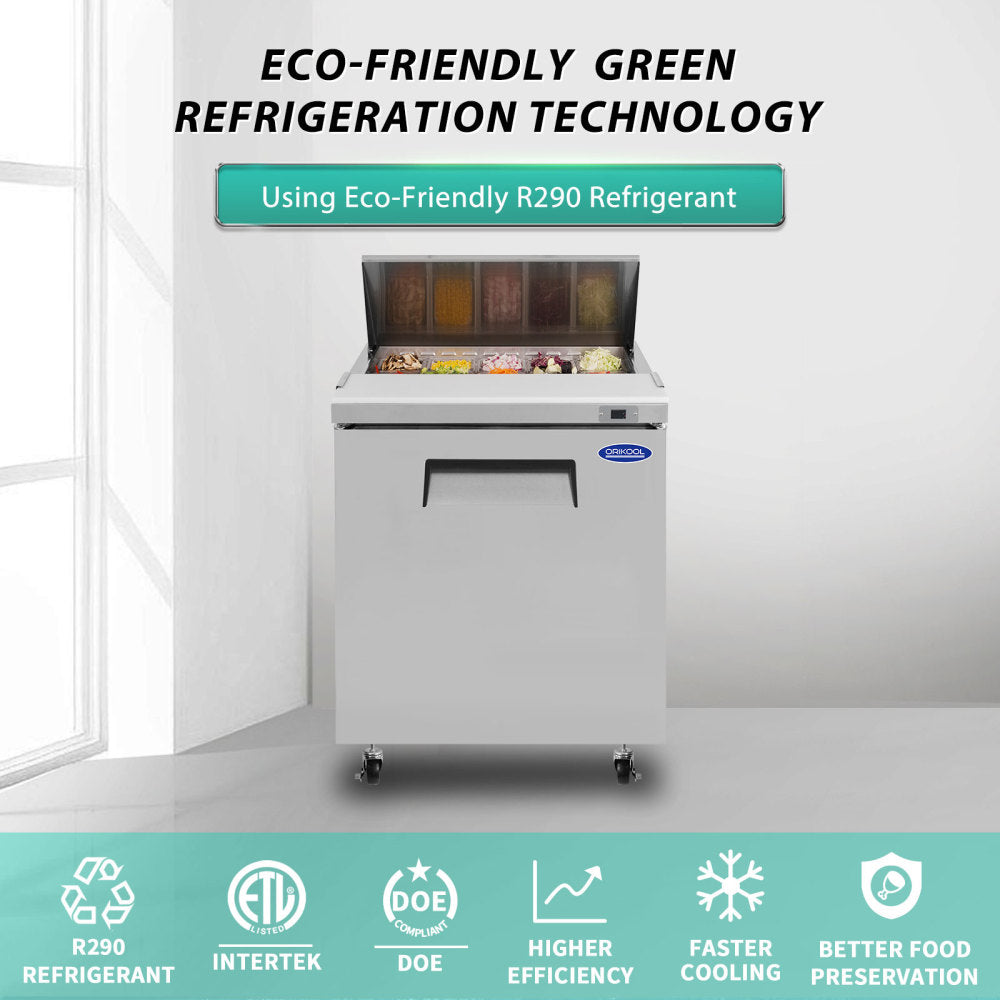 Orikool 29 IN Commercial Refrigerators Sandwich&Salad Prep Table with a Butcher Block Cutting Board, Protection Lid, Cold Storage, ETL Certified
