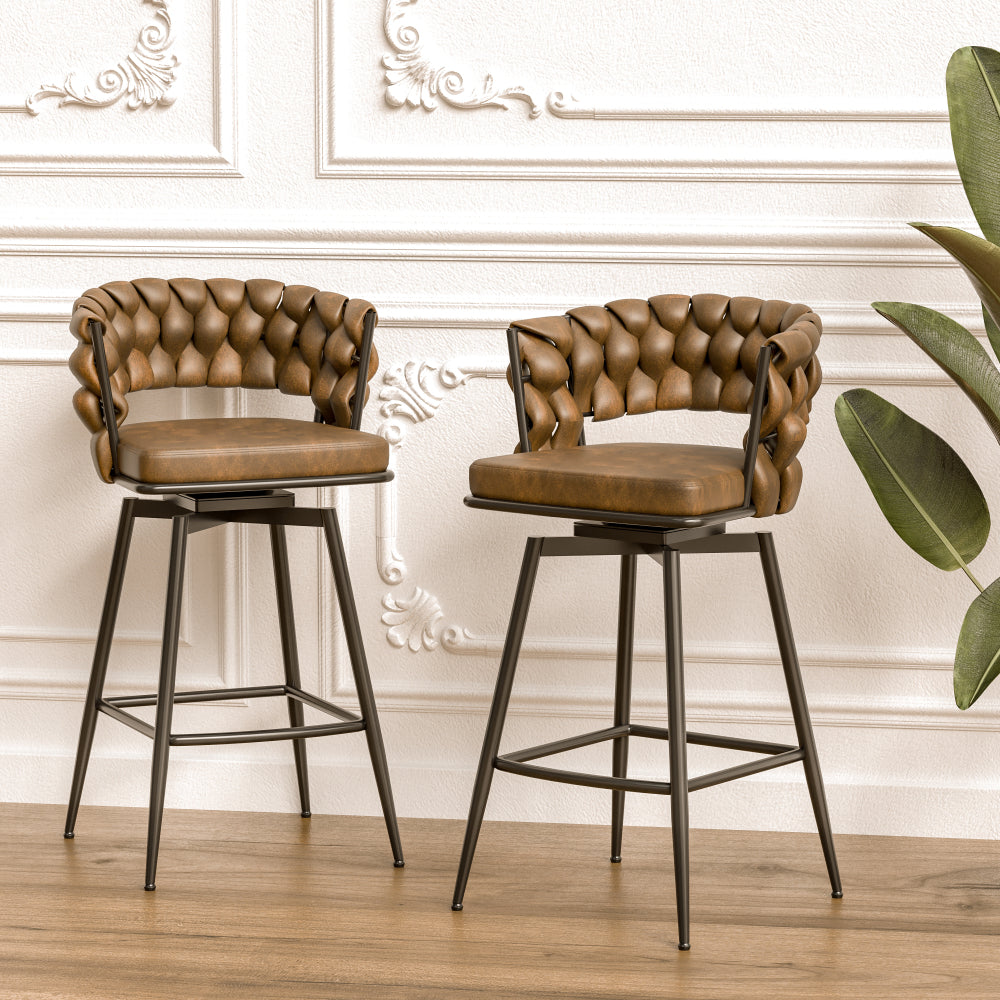 26" Bar Chair Linen Woven Bar Stool Set of 2,Black legs Barstools No Adjustable Kitchen Island Chairs,360 Swivel Bar Stools Upholstered Bar Chair Counter Stool Arm Chairs with Back Footrest (Green)