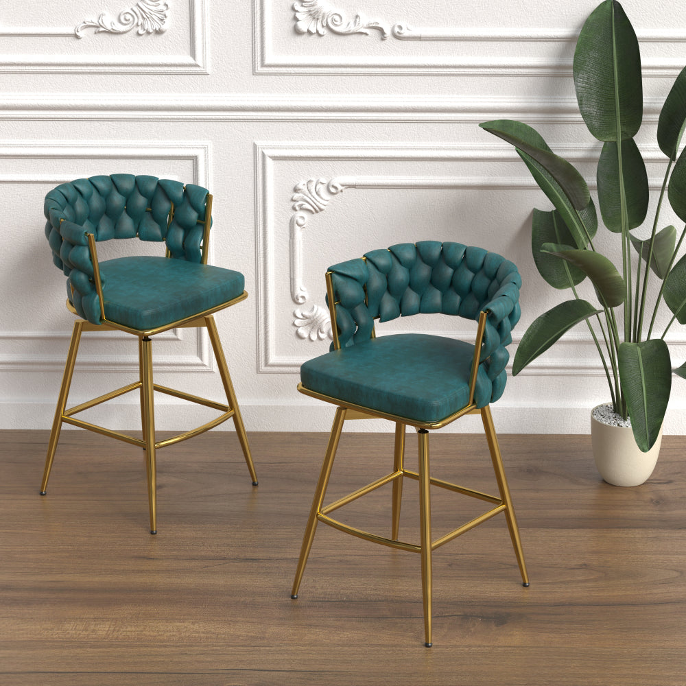 26" Bar Chair Linen Woven Bar Stool Set of 2,Black legs Barstools No Adjustable Kitchen Island Chairs,360 Swivel Bar Stools Upholstered Bar Chair Counter Stool Arm Chairs with Back Footrest (Green)