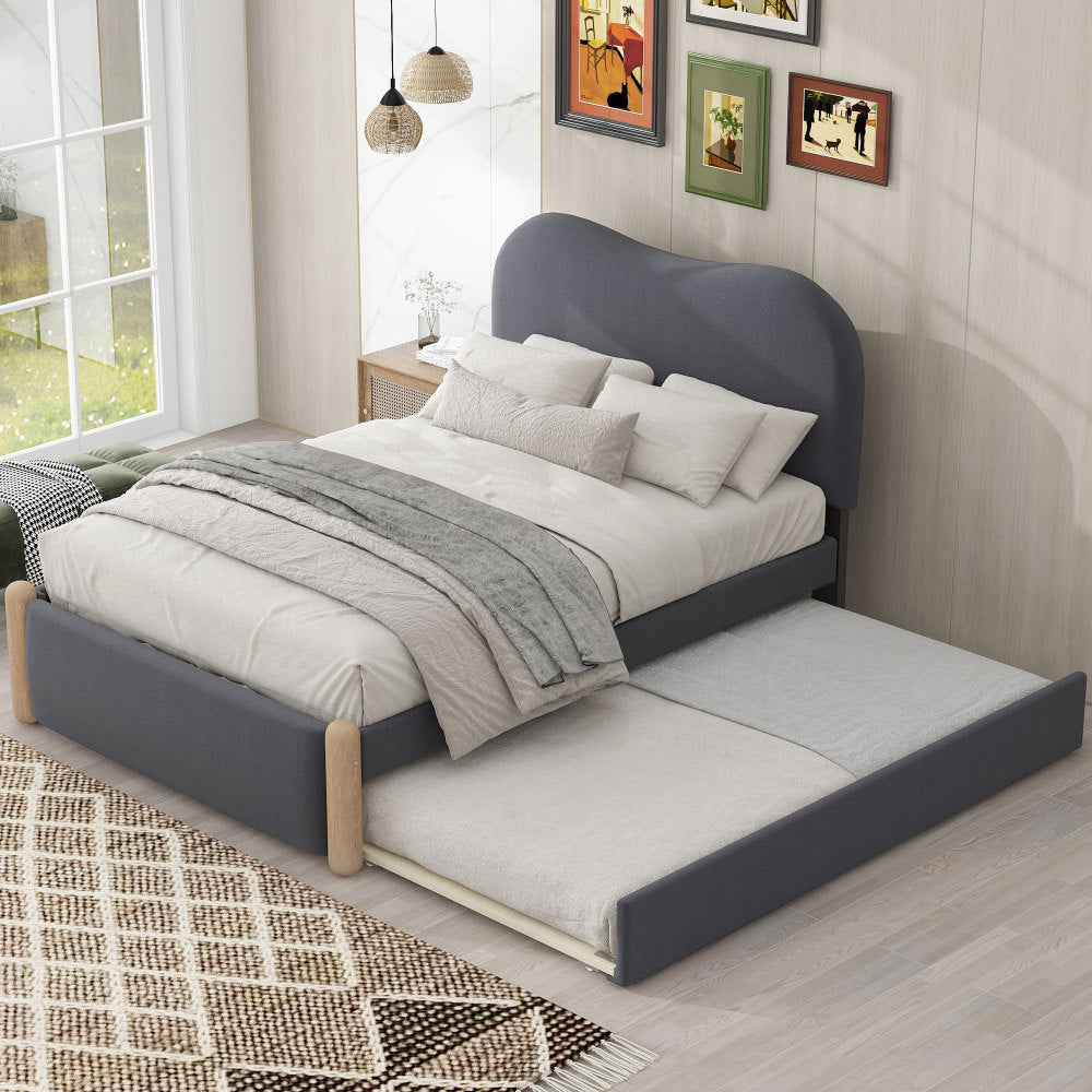 Full Size Upholstered Platform Bed with Wood Supporting Feet and Twin Size Trundle, White