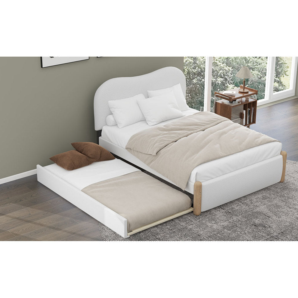Full Size Upholstered Platform Bed with Wood Supporting Feet and Twin Size Trundle, White