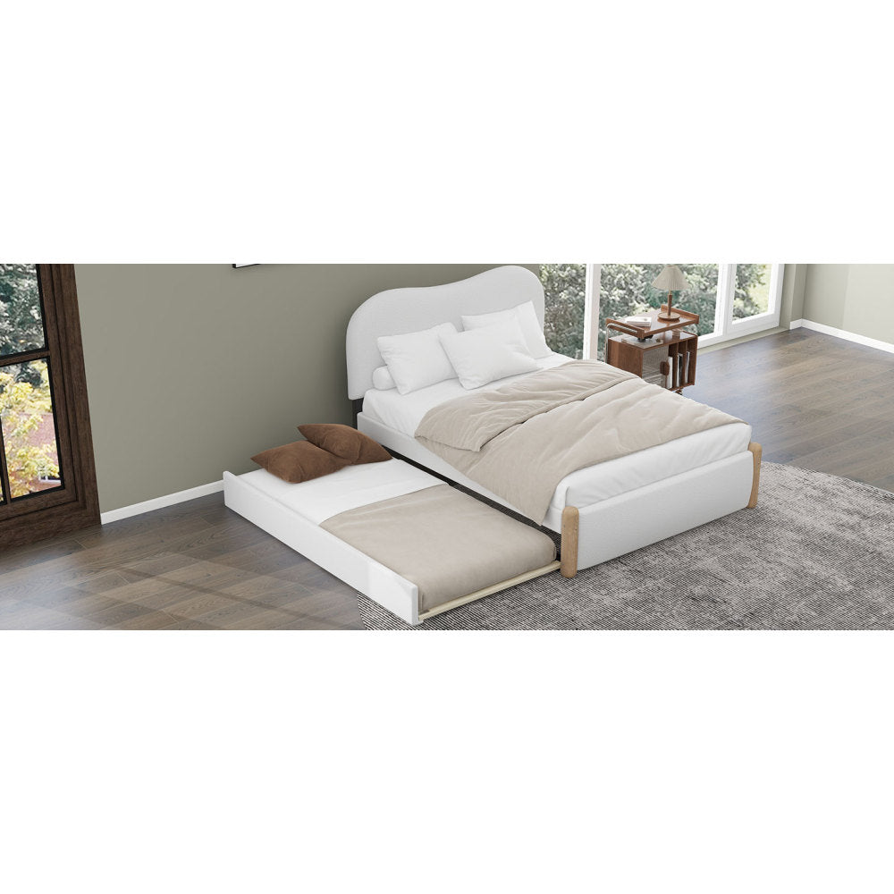 Full Size Upholstered Platform Bed with Wood Supporting Feet and Twin Size Trundle, White