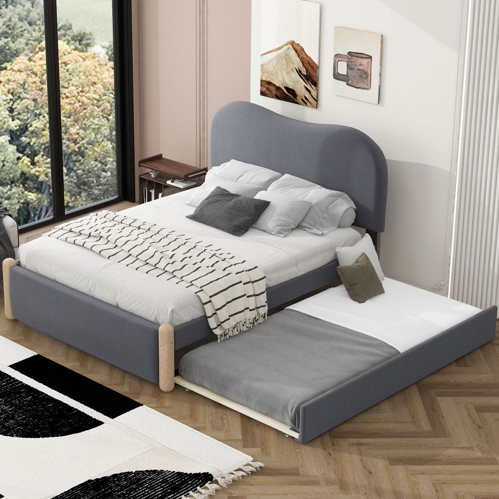 Full Size Upholstered Platform Bed with Wood Supporting Feet and Twin Size Trundle, White