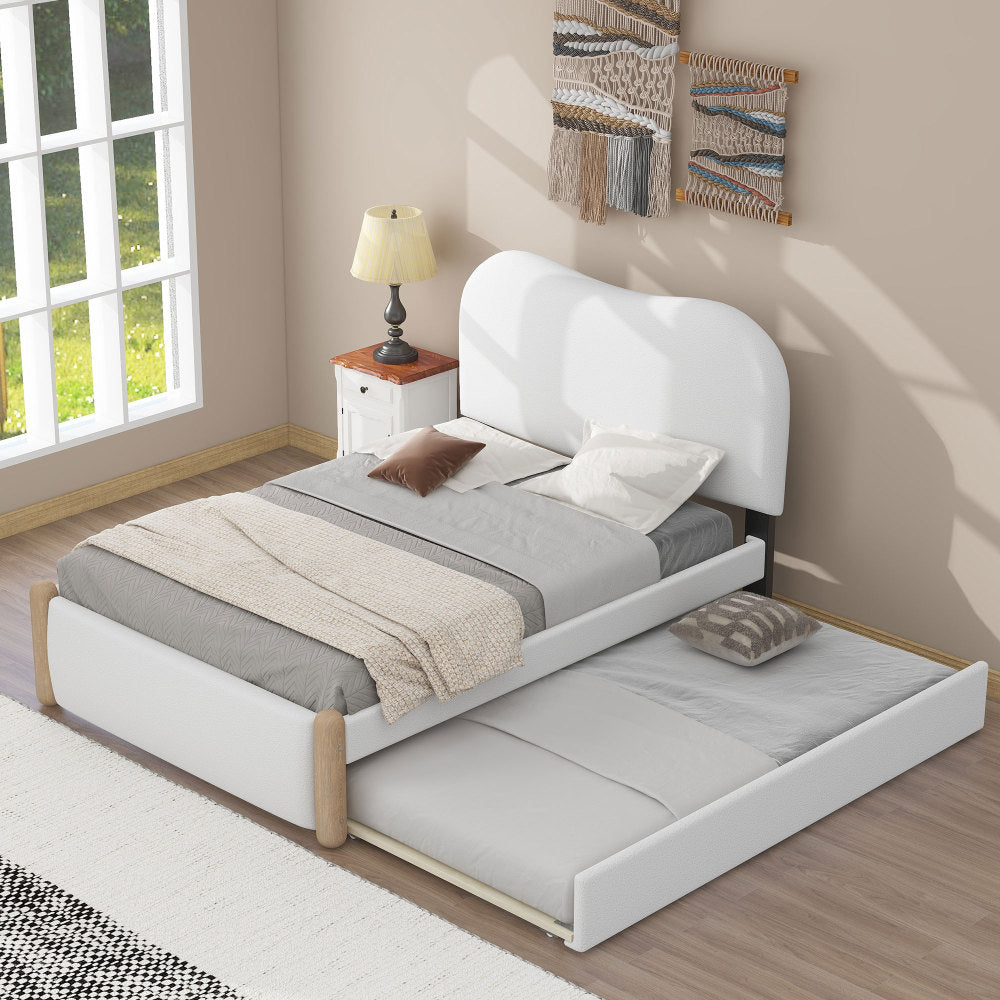 Full Size Upholstered Platform Bed with Wood Supporting Feet and Twin Size Trundle, White