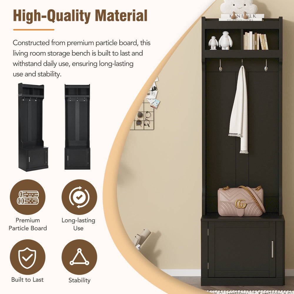 ON-TREND Minimalist Slim Hall Tree with Cabinet & 6 Hanging Hooks, Multi-functional Storage Bench with Coat Rack, Elegant Foyer Cabinet for Hallway, Living room, Black (OLD SKU: WF313577AAB)
