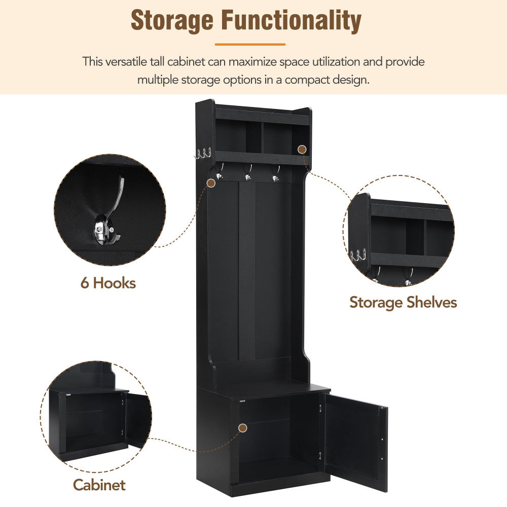 ON-TREND Minimalist Slim Hall Tree with Cabinet & 6 Hanging Hooks, Multi-functional Storage Bench with Coat Rack, Elegant Foyer Cabinet for Hallway, Living room, Black (OLD SKU: WF313577AAB)