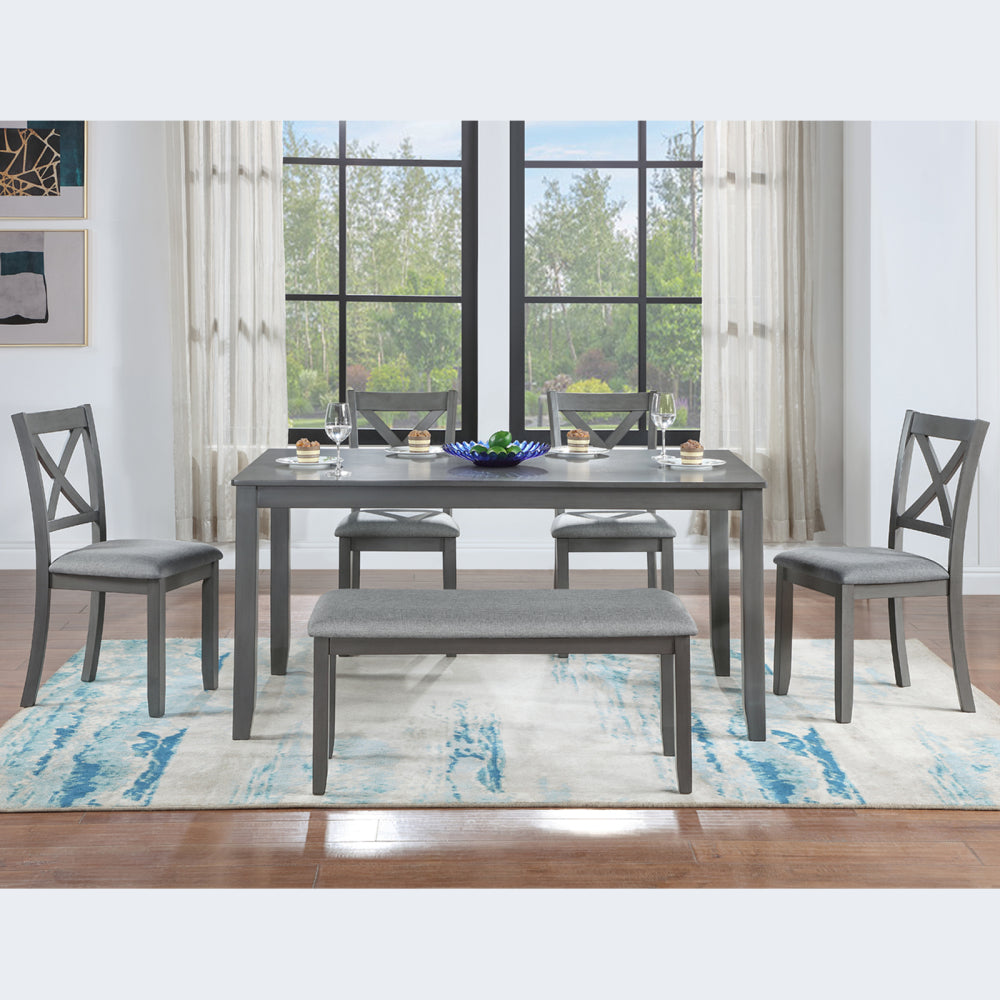 6 Piece Kitchen Dining Set, Rectangular Wooden Dining Table with 4 Upholstered Chairs and a Bench, Dining Table Set for 6 People, Living Room, Home Bar and Kitchen, Gray
