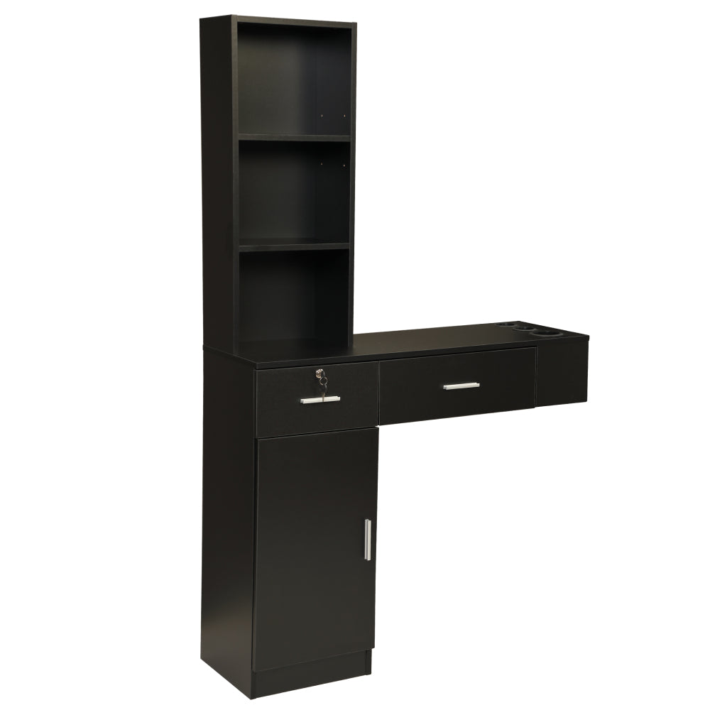 Wall Mount Hair Styling Barber Station Beauty Hair Salon Spa Equipment Set W/ 3-Tier Shelf, Lockable Drawer, Black