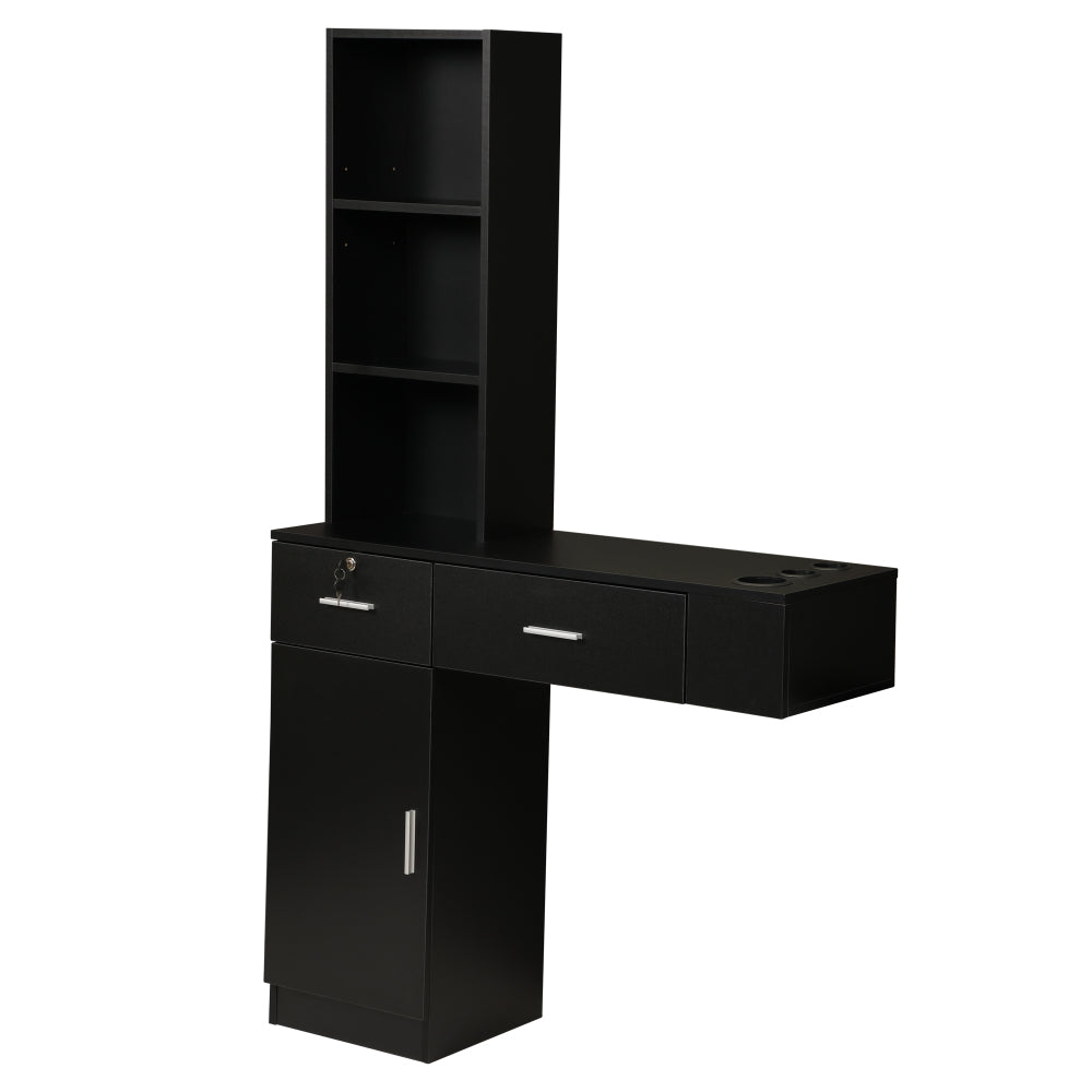 Wall Mount Hair Styling Barber Station Beauty Hair Salon Spa Equipment Set W/ 3-Tier Shelf, Lockable Drawer, Black