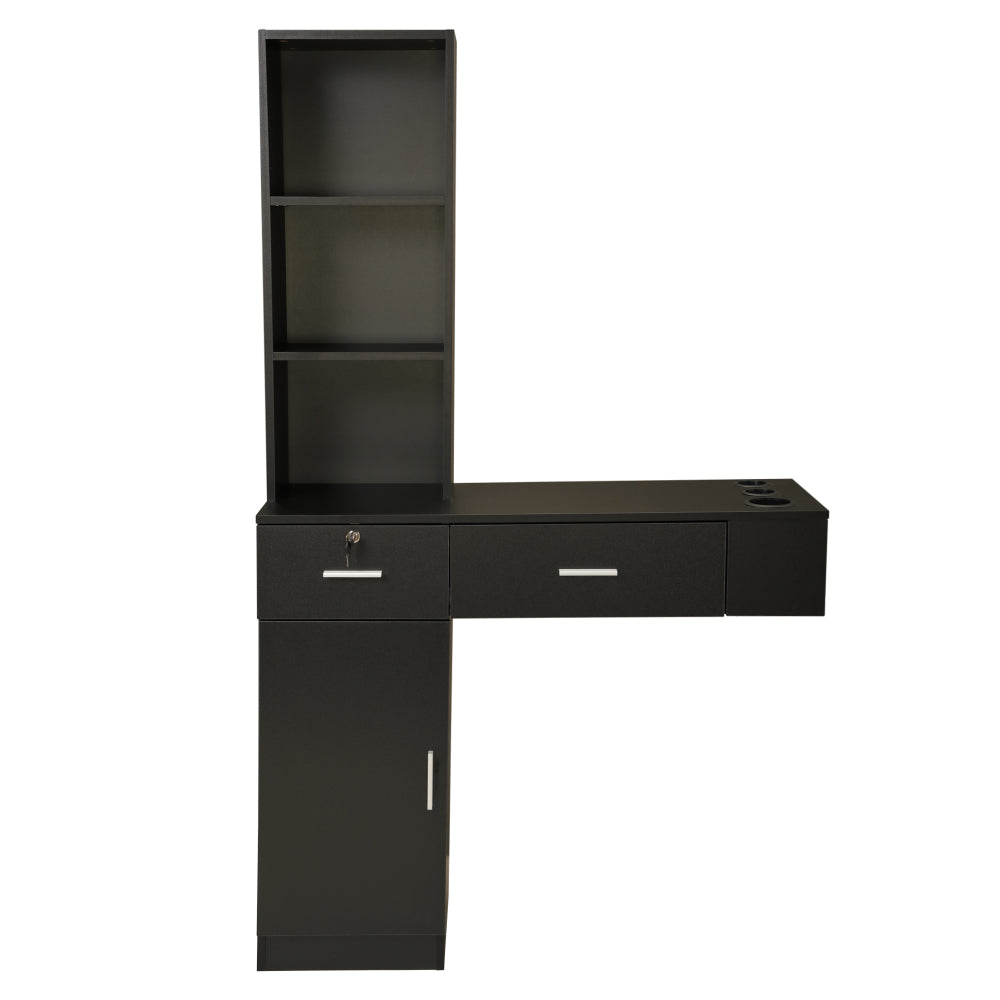 Wall Mount Hair Styling Barber Station Beauty Hair Salon Spa Equipment Set W/ 3-Tier Shelf, Lockable Drawer, Black
