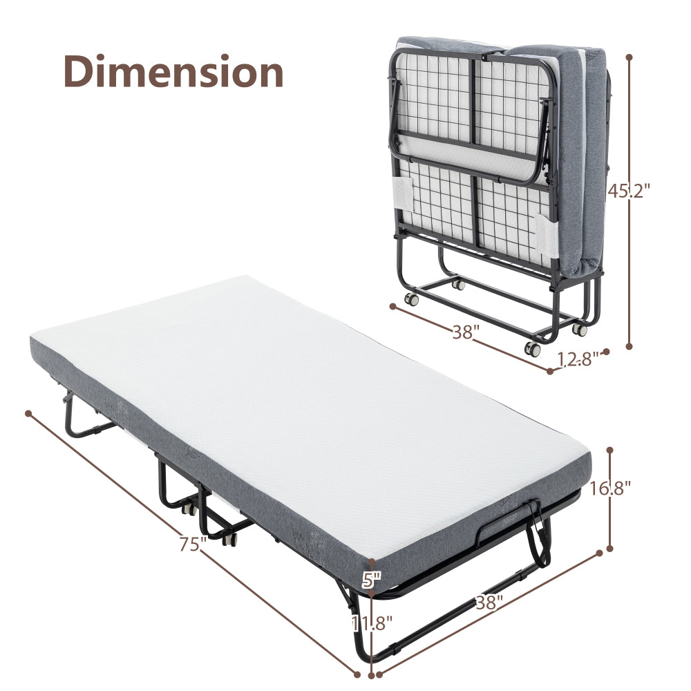 Folding Bed with Mattress, SPortable Foldable Bed with Storage Cover, SRollaway Bed for Adults with Memory Foam Mattress and Metal Frame, SCot Size Guest Bed on Wheels, 75 x 38 inch