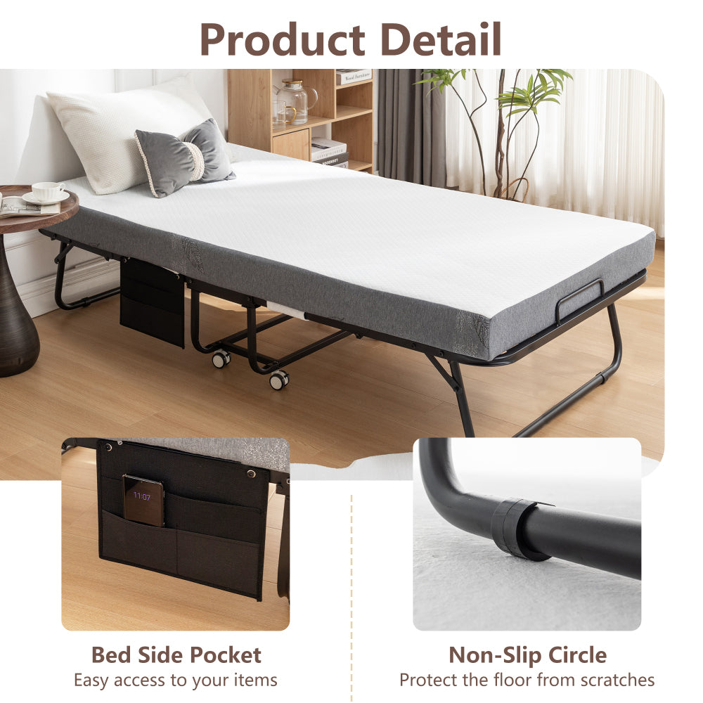 Folding Bed with Mattress, SPortable Foldable Bed with Storage Cover, SRollaway Bed for Adults with Memory Foam Mattress and Metal Frame, SCot Size Guest Bed on Wheels, 75 x 38 inch