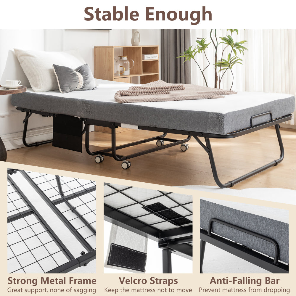 Folding Bed with Mattress, SPortable Foldable Bed with Storage Cover, SRollaway Bed for Adults with Memory Foam Mattress and Metal Frame, SCot Size Guest Bed on Wheels, 75 x 38 inch