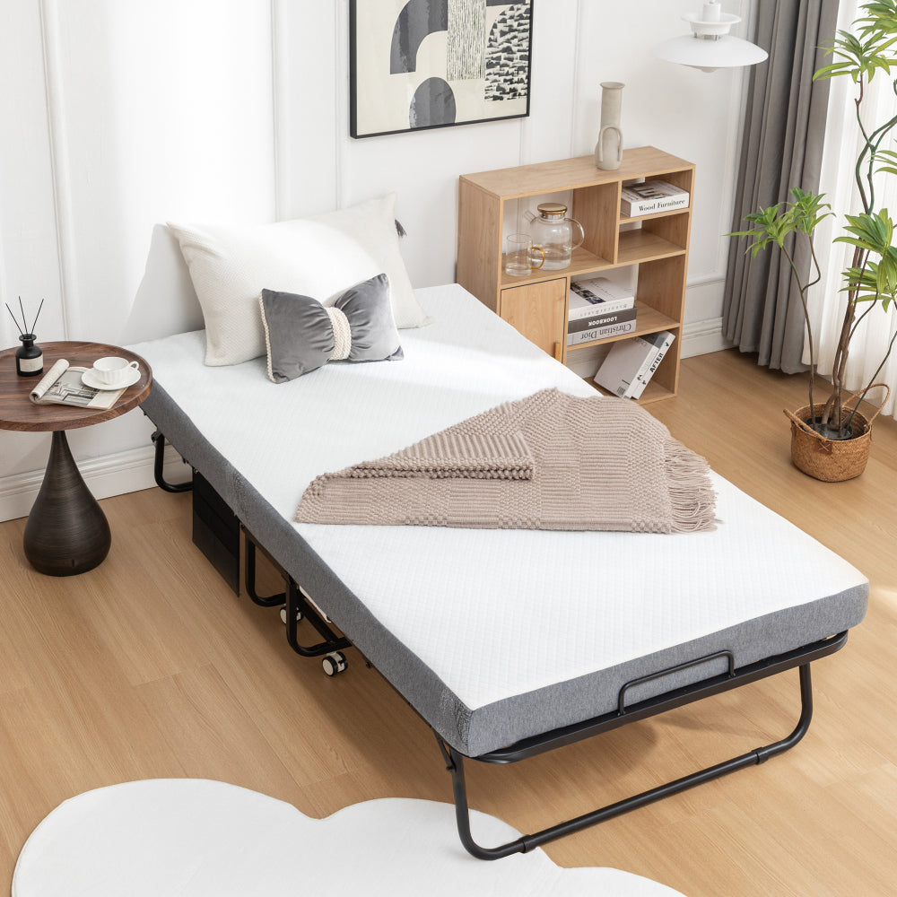 Folding Bed with Mattress, SPortable Foldable Bed with Storage Cover, SRollaway Bed for Adults with Memory Foam Mattress and Metal Frame, SCot Size Guest Bed on Wheels, 75 x 38 inch