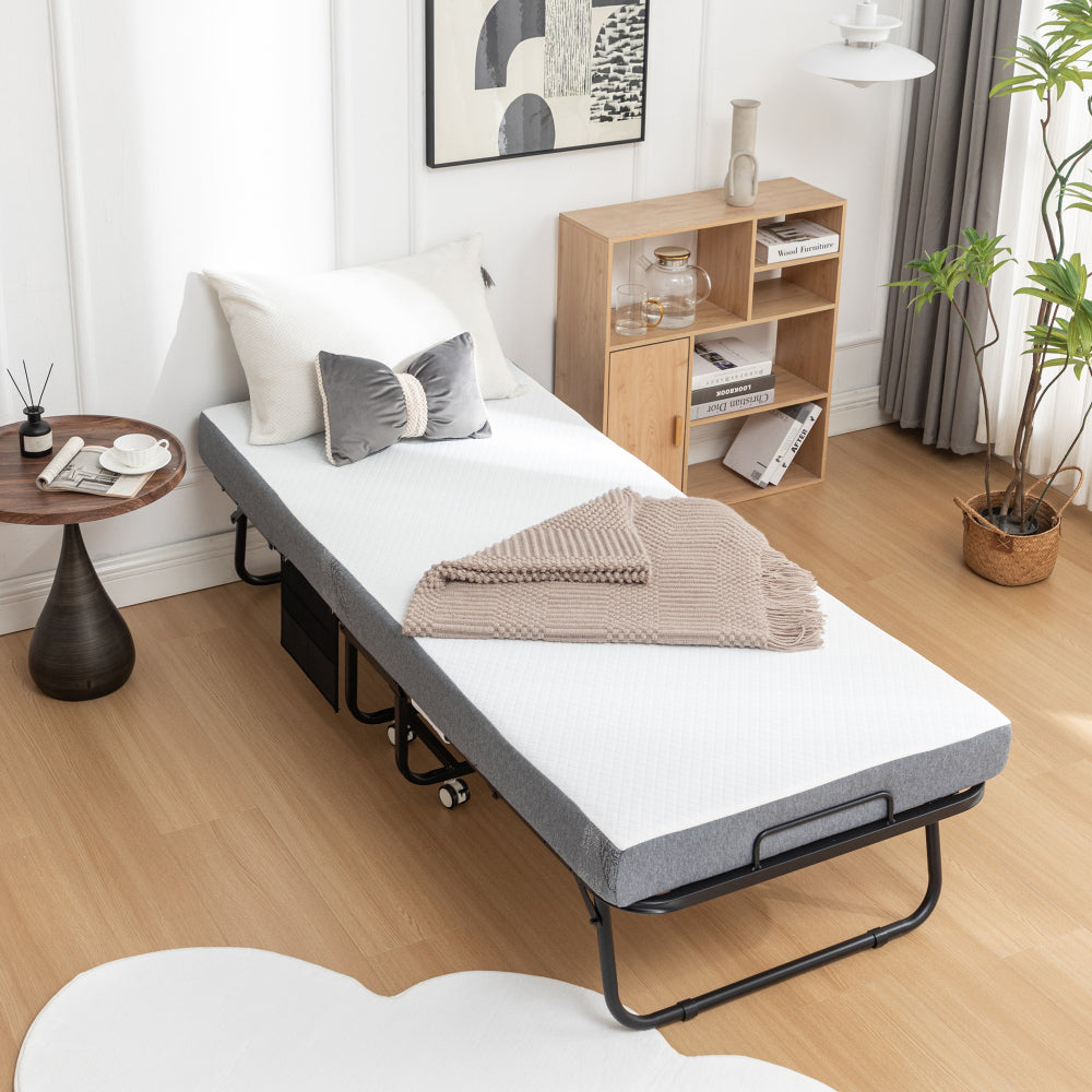 Folding Bed with Mattress, SPortable Foldable Bed with Storage Cover, SRollaway Bed for Adults with Memory Foam Mattress and Metal Frame, SCot Size Guest Bed on Wheels, 75 x 38 inch