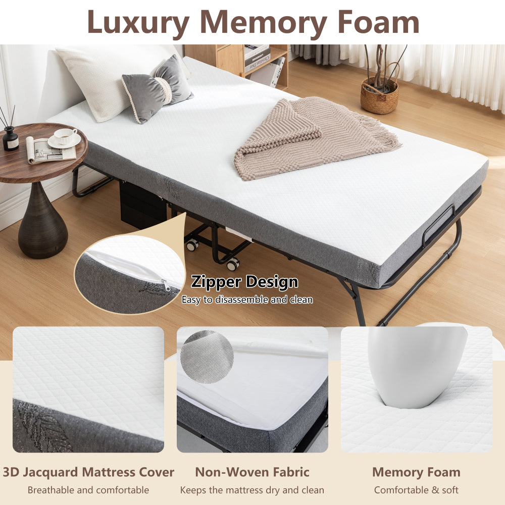 Folding Bed with Mattress, SPortable Foldable Bed with Storage Cover, SRollaway Bed for Adults with Memory Foam Mattress and Metal Frame, SCot Size Guest Bed on Wheels, 75 x 38 inch