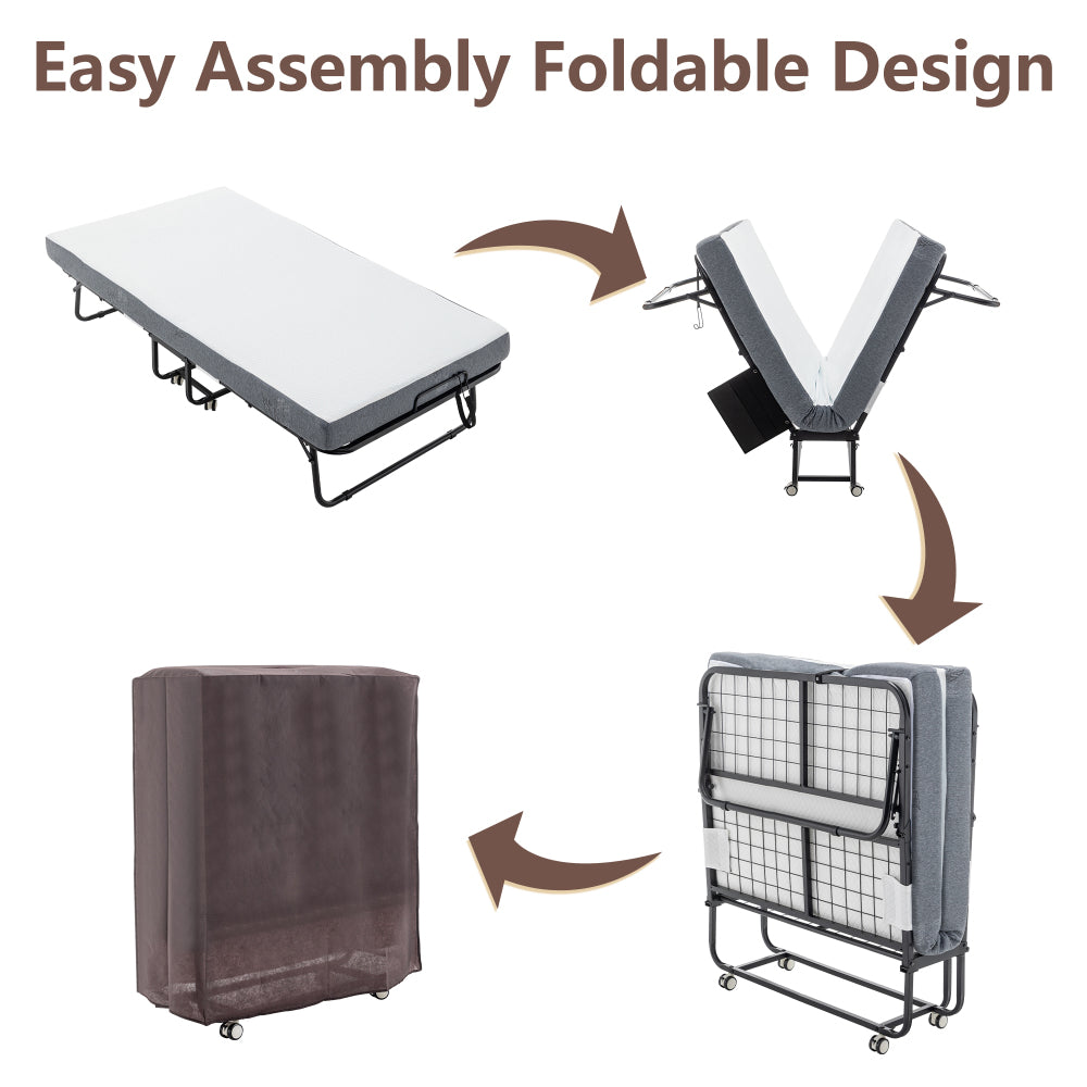 Folding Bed with Mattress, SPortable Foldable Bed with Storage Cover, SRollaway Bed for Adults with Memory Foam Mattress and Metal Frame, SCot Size Guest Bed on Wheels, 75 x 38 inch
