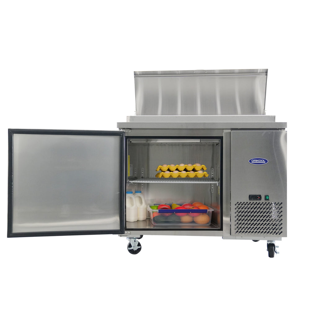 Orikool 44 IN Commercial Pizza Prep Table with a Built-in Refrigerator 11 Cu.Ft, Butcher Block Cutting Board, Protection Lid, Cold Storage, and Smooth-Rolling Casters, ETL Certified