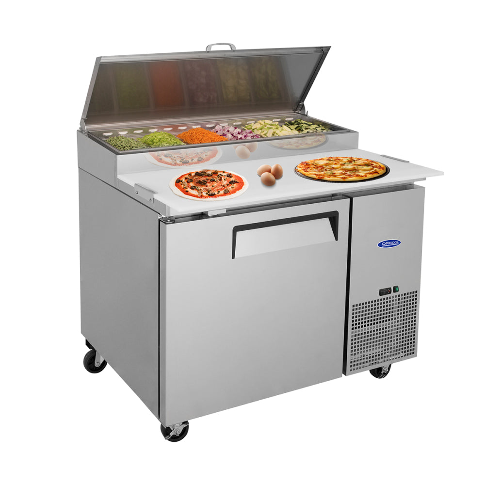 Orikool 44 IN Commercial Pizza Prep Table with a Built-in Refrigerator 11 Cu.Ft, Butcher Block Cutting Board, Protection Lid, Cold Storage, and Smooth-Rolling Casters, ETL Certified