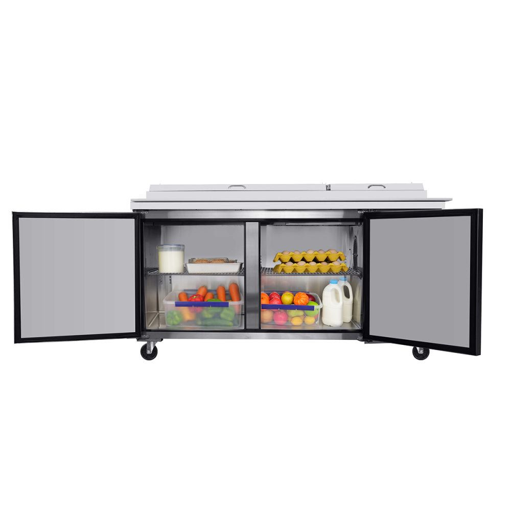 Orikool 67 IN Commercial Pizza Prep Table with a Built-in Refrigerator 20.3 Cu.Ft, Butcher Block Cutting Board, Protection Lid, Cold Storage, and Smooth-Rolling Casters, ETL Certified