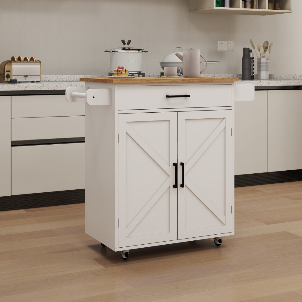 Kitchen island rolling trolley cart with 1 drawer & 2 doors with storage racks & Adjustable Shelves & towel rack & seasoning rack rubber wood table top-White