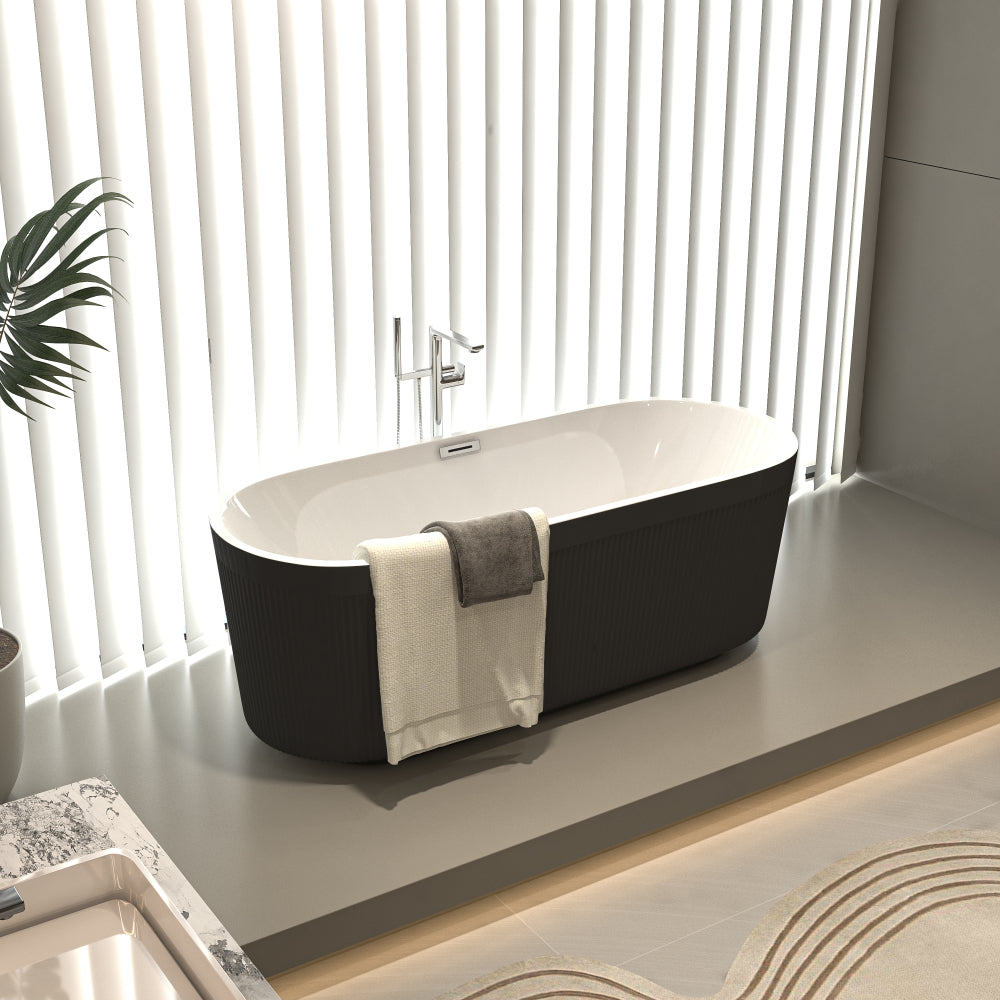 67" Acrylic Freestanding Bathtub, Unique Pleated Design, Glossy Black, Brushed Nickel  Overflow and Pop-Up Drain, , cUPC Certified