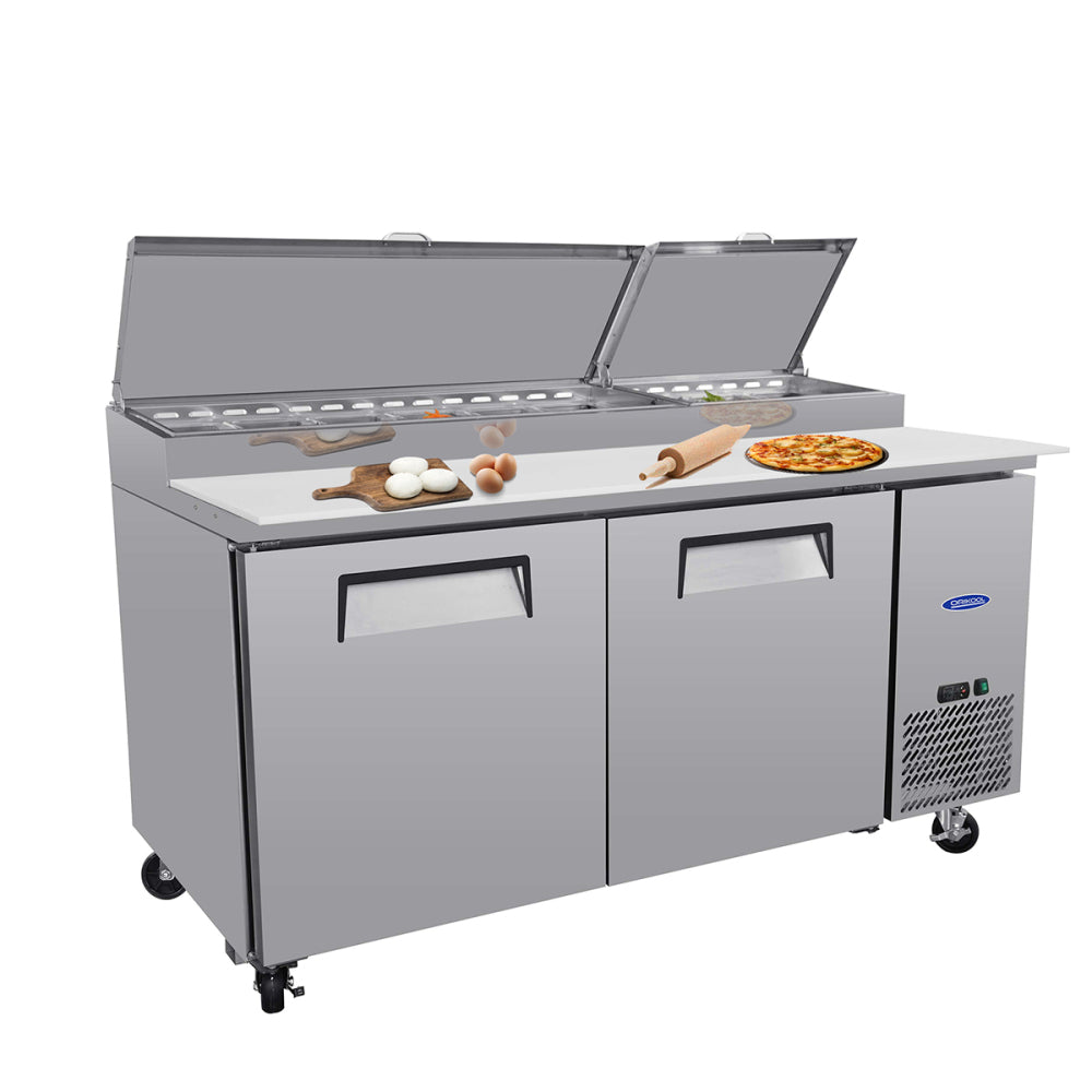 Orikool 67 IN Commercial Pizza Prep Table with a Built-in Refrigerator 20.3 Cu.Ft, Butcher Block Cutting Board, Protection Lid, Cold Storage, and Smooth-Rolling Casters, ETL Certified