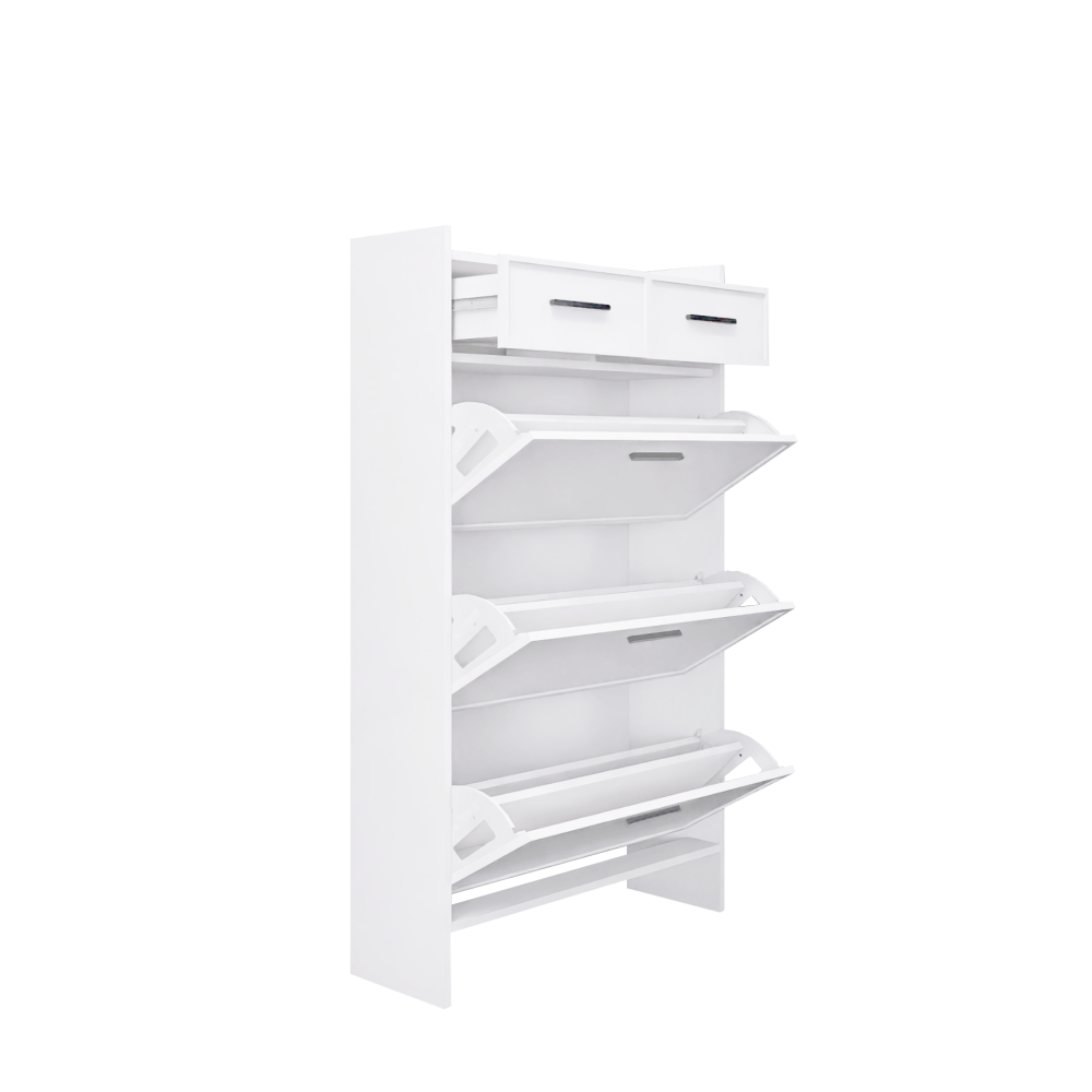 PVC Surface Shaker Shape Door Shoe Rack 3 Doors Shoe Cabinet With 2 Drawers With Open Space for Shoes
