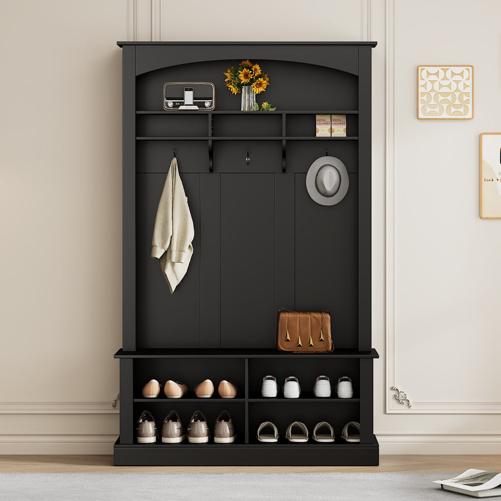 ON-TREND 47.2'' Wide Hall Tree with Bench and Shoe Storage, Multi-functional Storage Bench with 3 Hanging Hooks & Open Storage Space, Rectangle Storage & Shelves Coat Rack for Hallway, Black