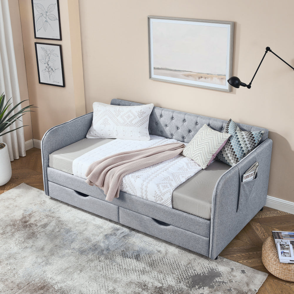 Twin Size Upholstery Daybed with Trundle Bed and Two Storage Drawers , Flat Arms with Pocket, Extendable Daybed for Bedroom Living Room,Linen Grey