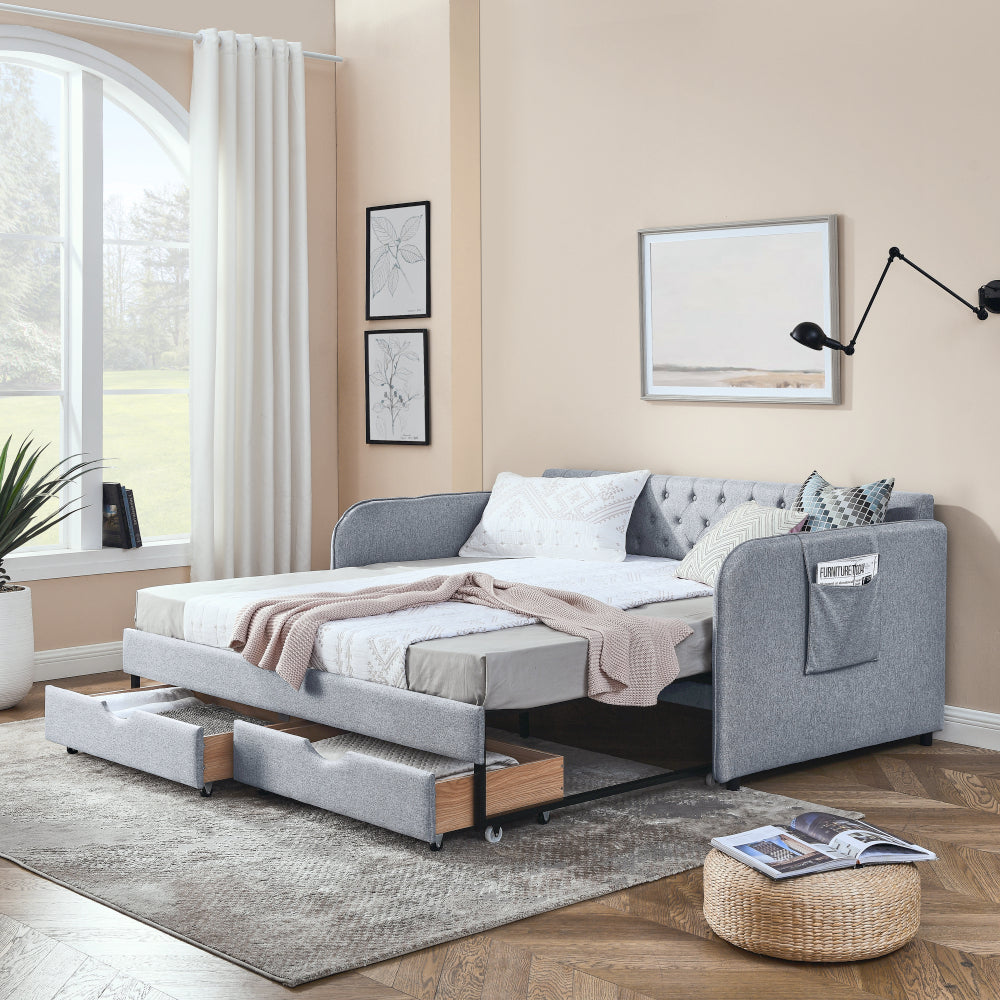 Twin Size Upholstery Daybed with Trundle Bed and Two Storage Drawers , Flat Arms with Pocket, Extendable Daybed for Bedroom Living Room,Linen Beige