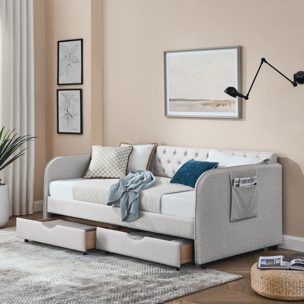 Twin Size Upholstery Daybed with Trundle Bed and Two Storage Drawers , Flat Arms with Pocket, Extendable Daybed for Bedroom Living Room,Linen Beige