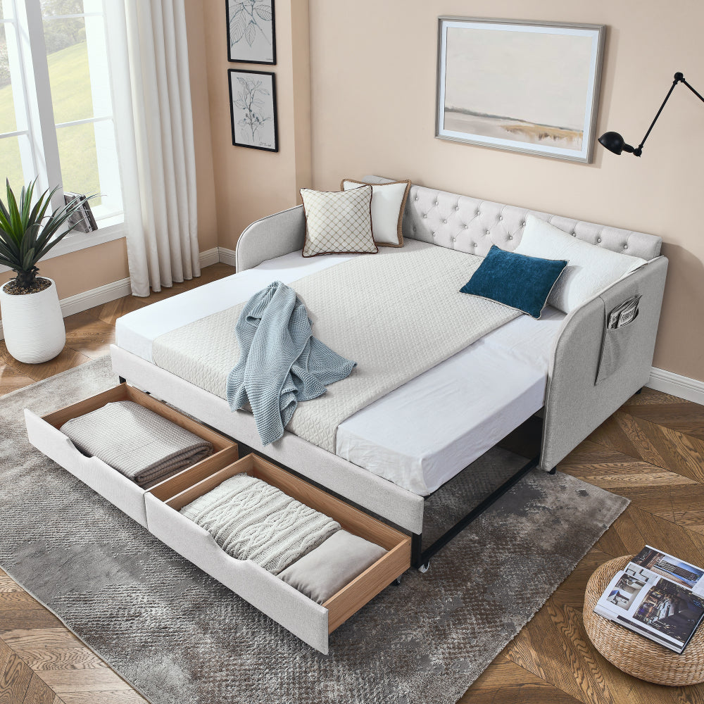 Twin Size Upholstery Daybed with Trundle Bed and Two Storage Drawers , Flat Arms with Pocket, Extendable Daybed for Bedroom Living Room,Linen Beige