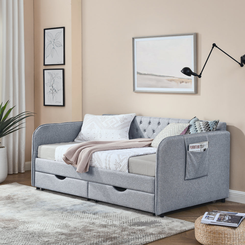 Twin Size Upholstery Daybed with Trundle Bed and Two Storage Drawers , Flat Arms with Pocket, Extendable Daybed for Bedroom Living Room,Linen Grey