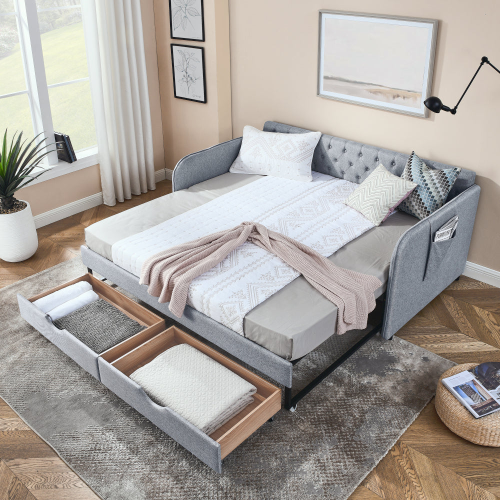 Twin Size Upholstery Daybed with Trundle Bed and Two Storage Drawers , Flat Arms with Pocket, Extendable Daybed for Bedroom Living Room,Linen Grey
