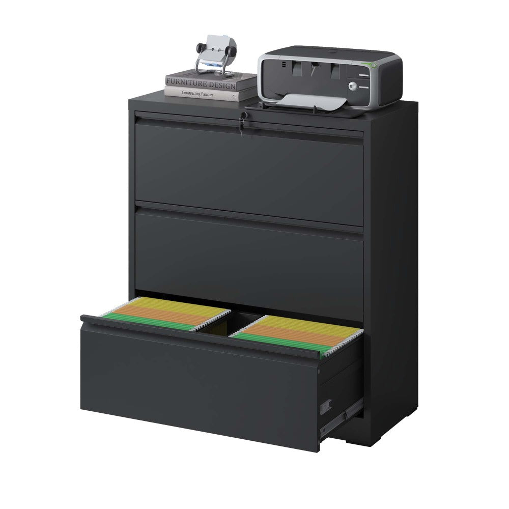 Lateral File Cabinet 4 Drawer, Black Filing Cabinet with Lock, Lockable File Cabinet for Home Office, Locking Metal File Cabinet for Legal/Letter/A4/F4 Size