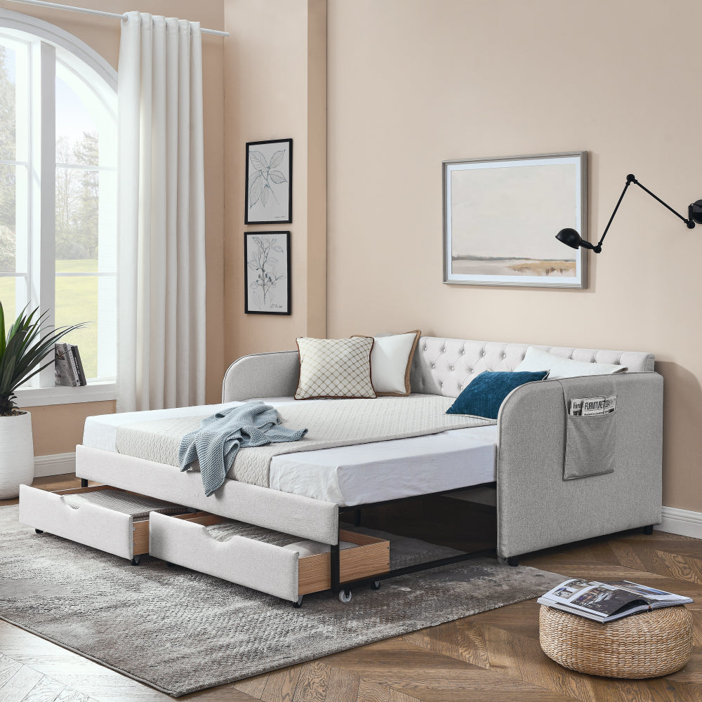 Twin Size Upholstery Daybed with Trundle Bed and Two Storage Drawers , Flat Arms with Pocket, Extendable Daybed for Bedroom Living Room,Linen Beige